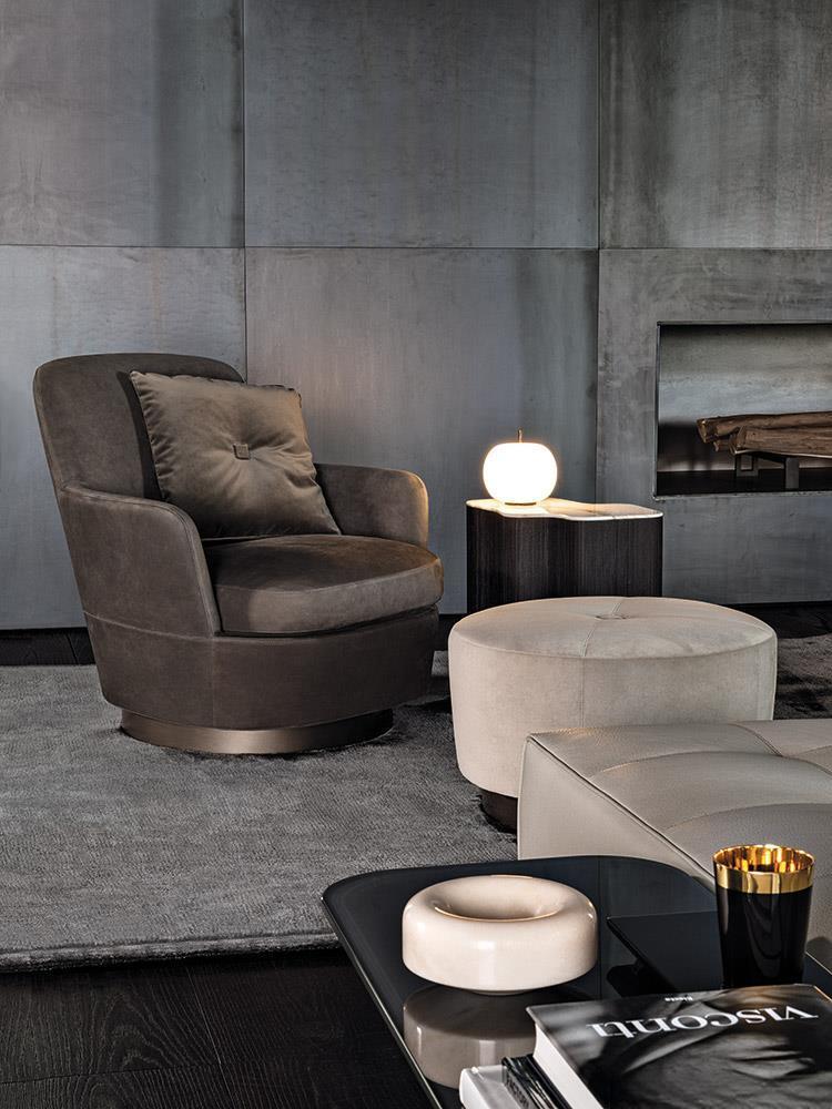 Luxury Swivel Brown Armchair with Goose Down Cushions and Bronze Metal Base