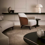 Fabric Lounge Gray Armchair with Armrests Wooden Base