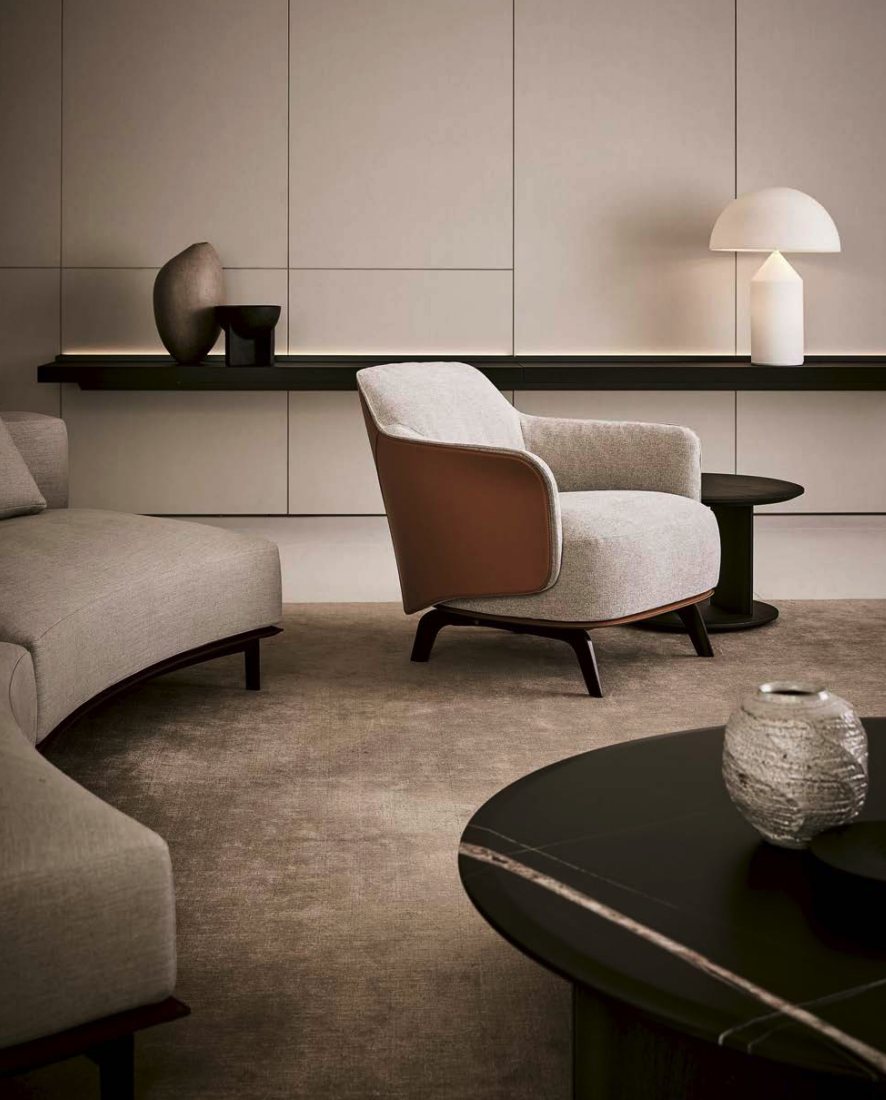 Fabric Lounge Gray Armchair with Armrests Wooden Base