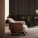 Fabric Lounge Gray Armchair with Armrests Wooden Base