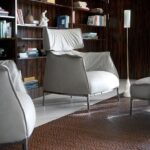 Natural Full Grain Aniline Leather Developing Patina Blue Armchair with footrest