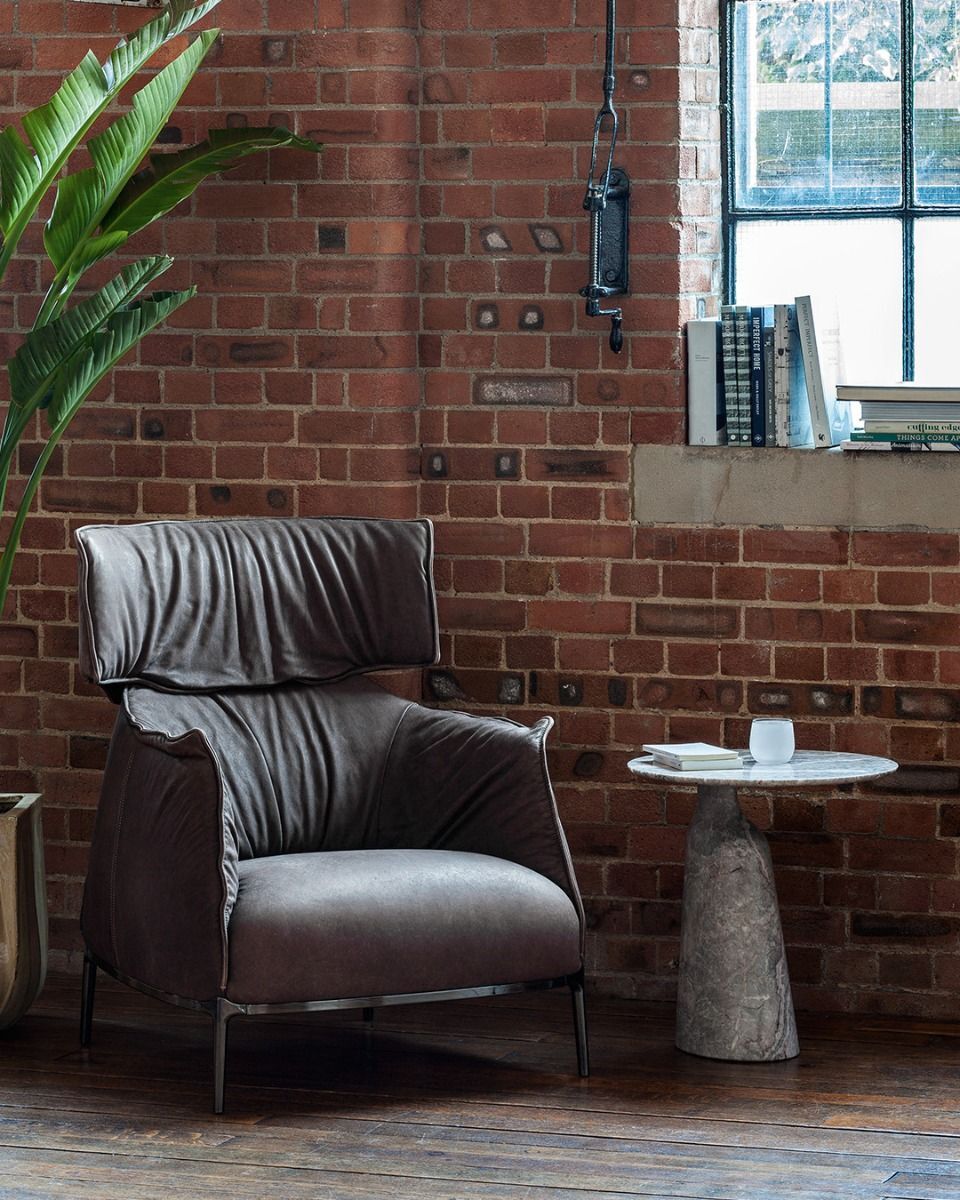 Natural Full Grain Aniline Leather Developing Patina Blue Armchair with footrest