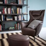 Blue Lounge Chair with Solid Wood Base Premium Leather Upholstery and Adjustable Headrest