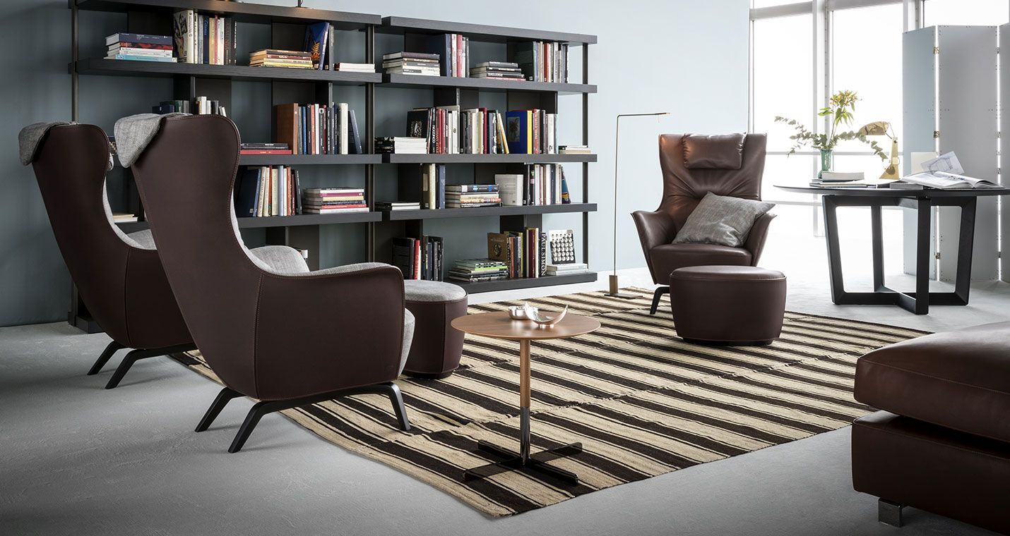 Blue Lounge Chair with Solid Wood Base Premium Leather Upholstery and Adjustable Headrest