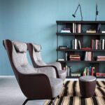 Blue Lounge Chair with Solid Wood Base Premium Leather Upholstery and Adjustable Headrest