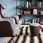 Blue Lounge Chair with Solid Wood Base Premium Leather Upholstery and Adjustable Headrest