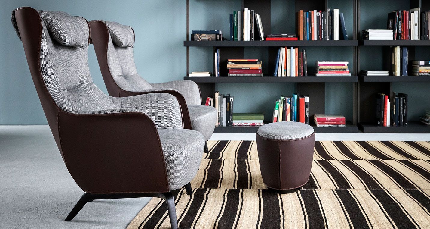 Blue Lounge Chair with Solid Wood Base Premium Leather Upholstery and Adjustable Headrest