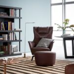 Blue Lounge Chair with Solid Wood Base Premium Leather Upholstery and Adjustable Headrest