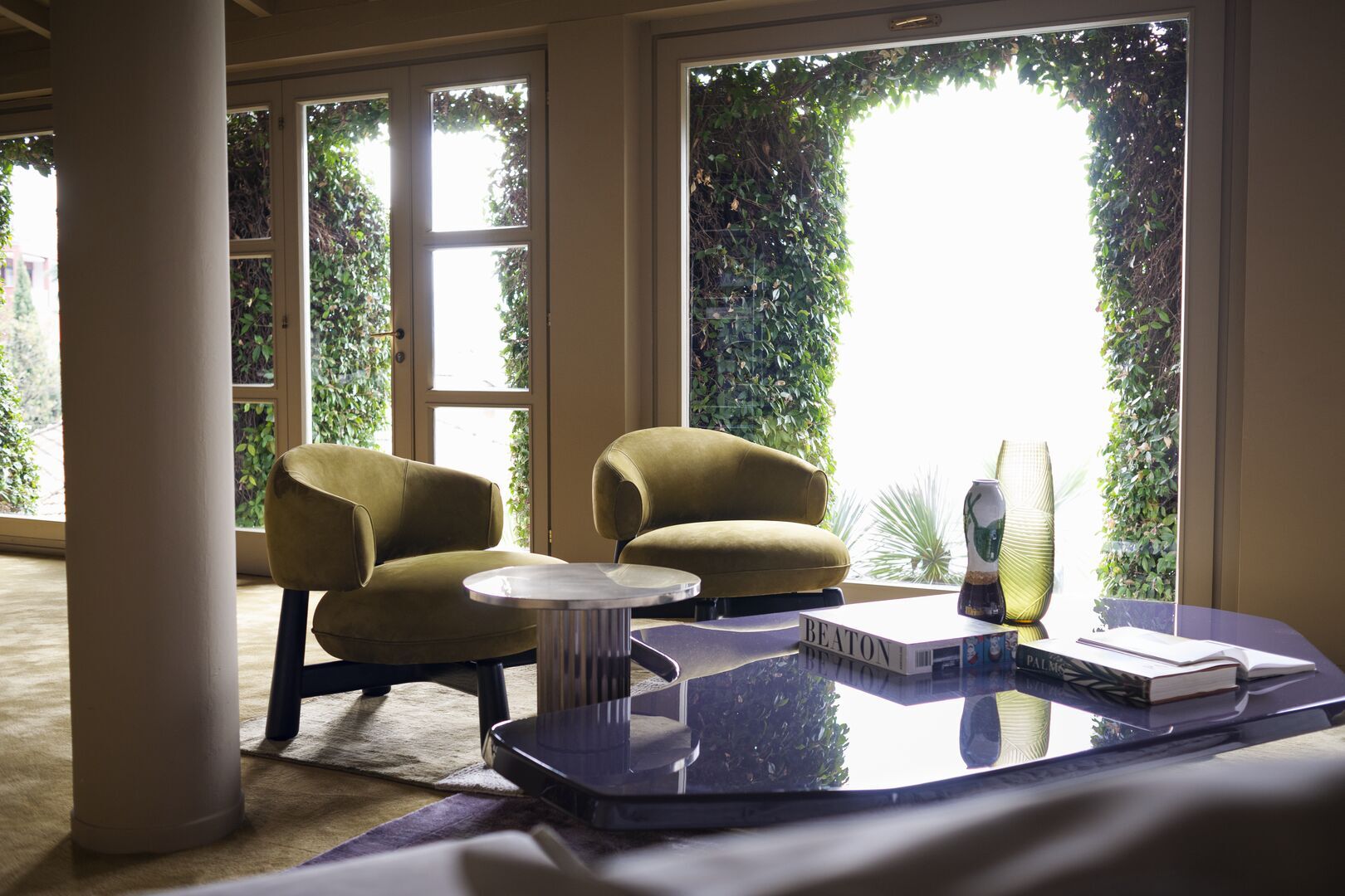 Olive Green Curved Back Suede Accent Chair with Black Wooden Legs