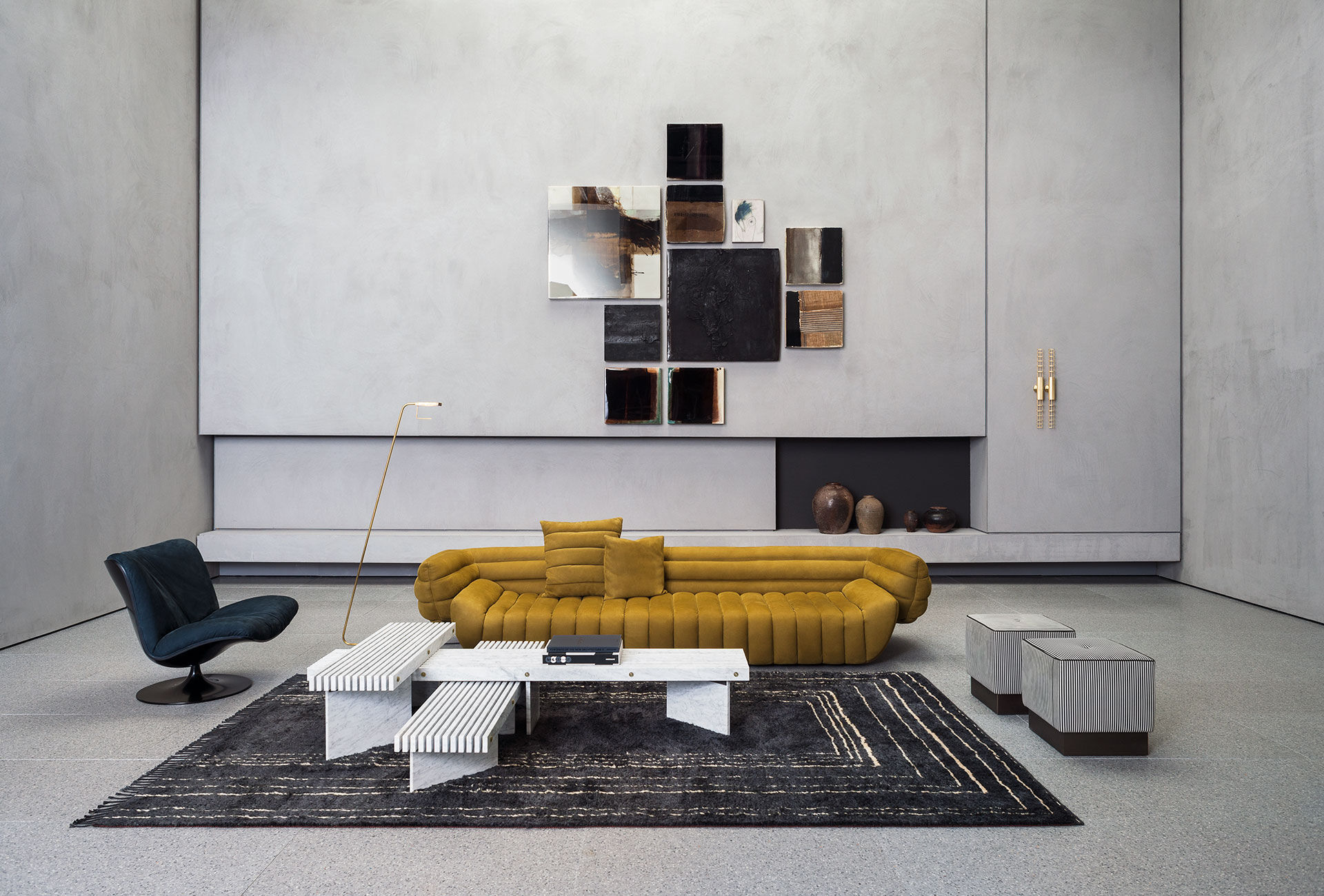 Sculptural Deconstructed Leather Sofa with Floating Elements and Artistic Quilting