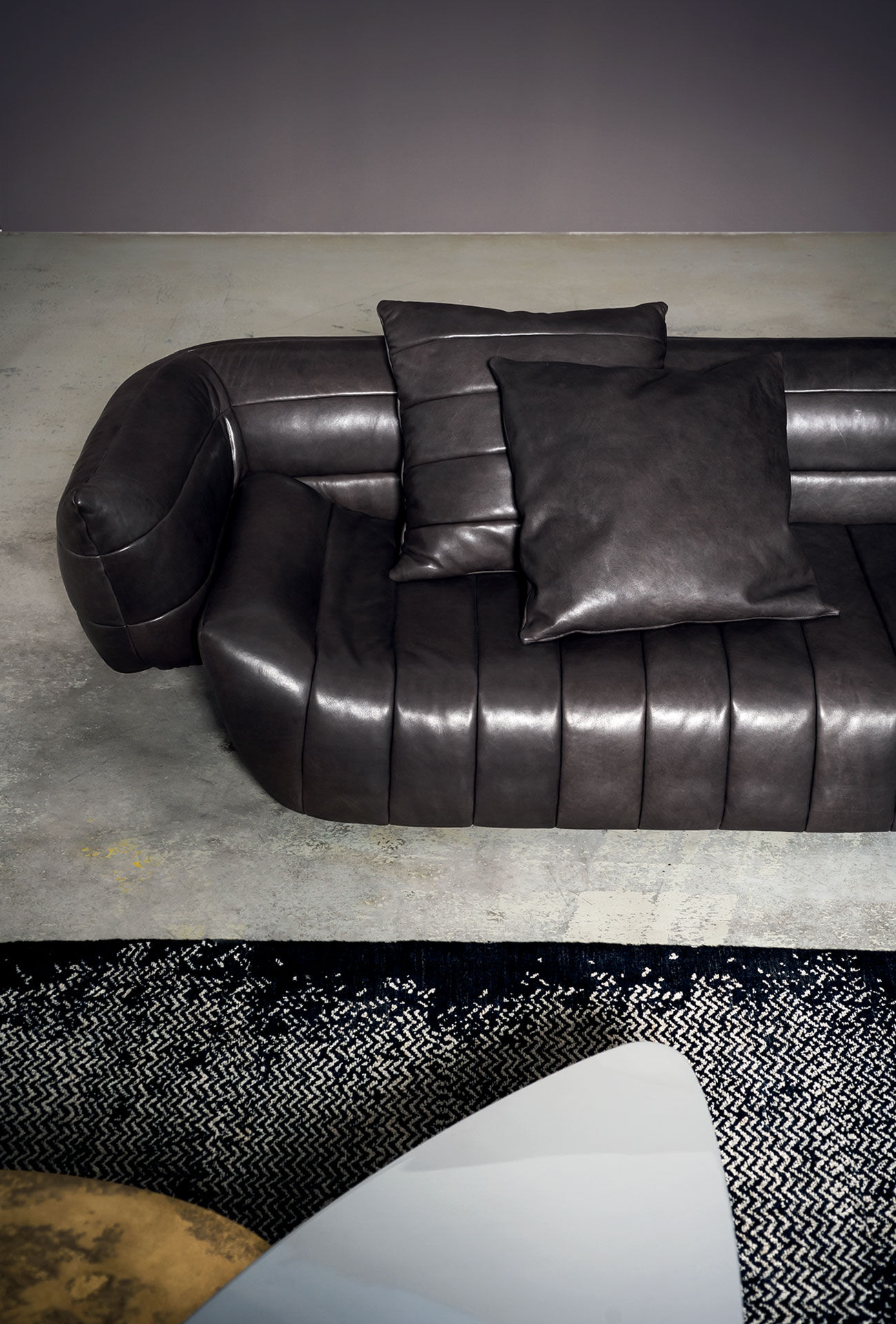 Sculptural Deconstructed Leather Sofa with Floating Elements and Artistic Quilting
