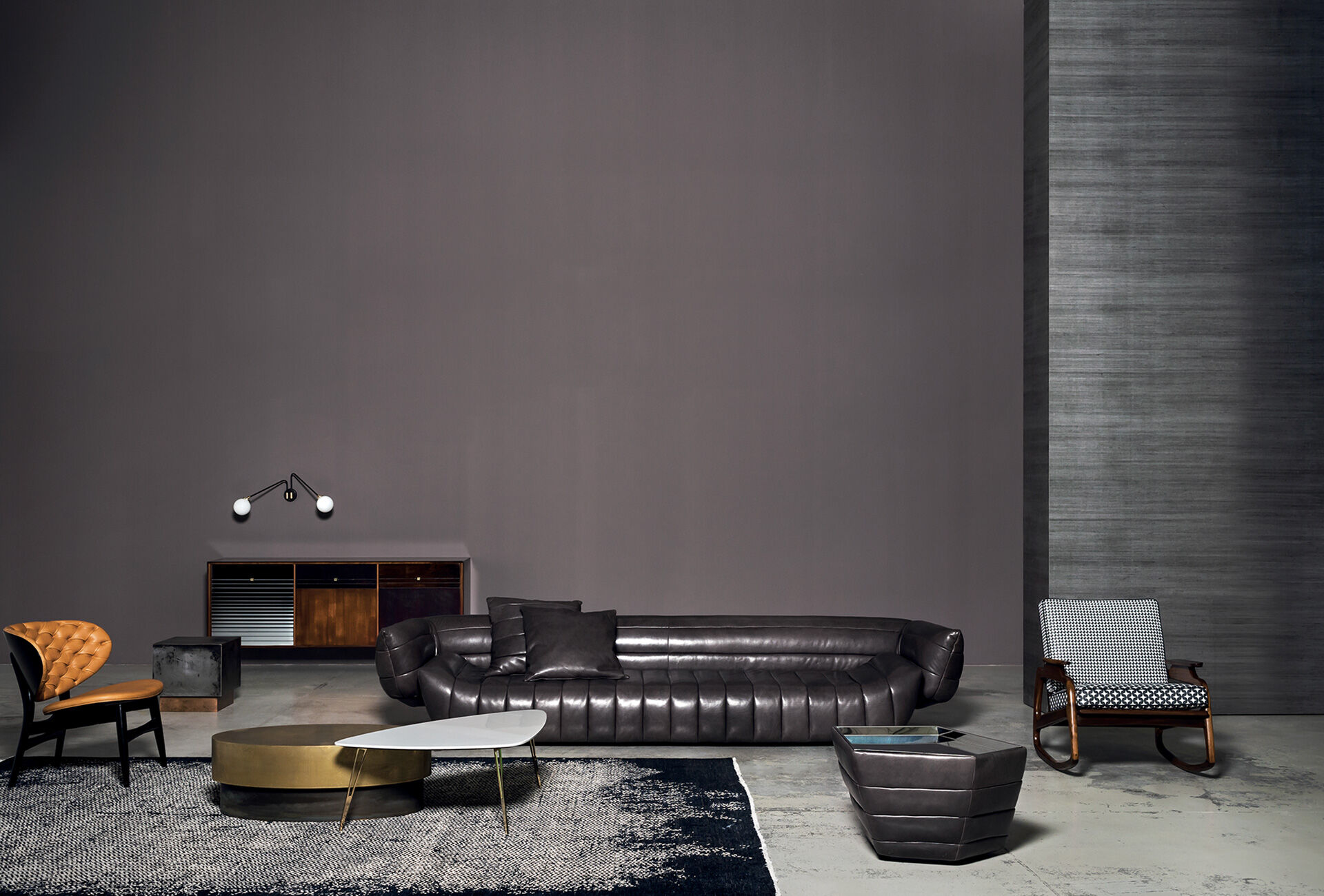 Sculptural Deconstructed Leather Sofa with Floating Elements and Artistic Quilting