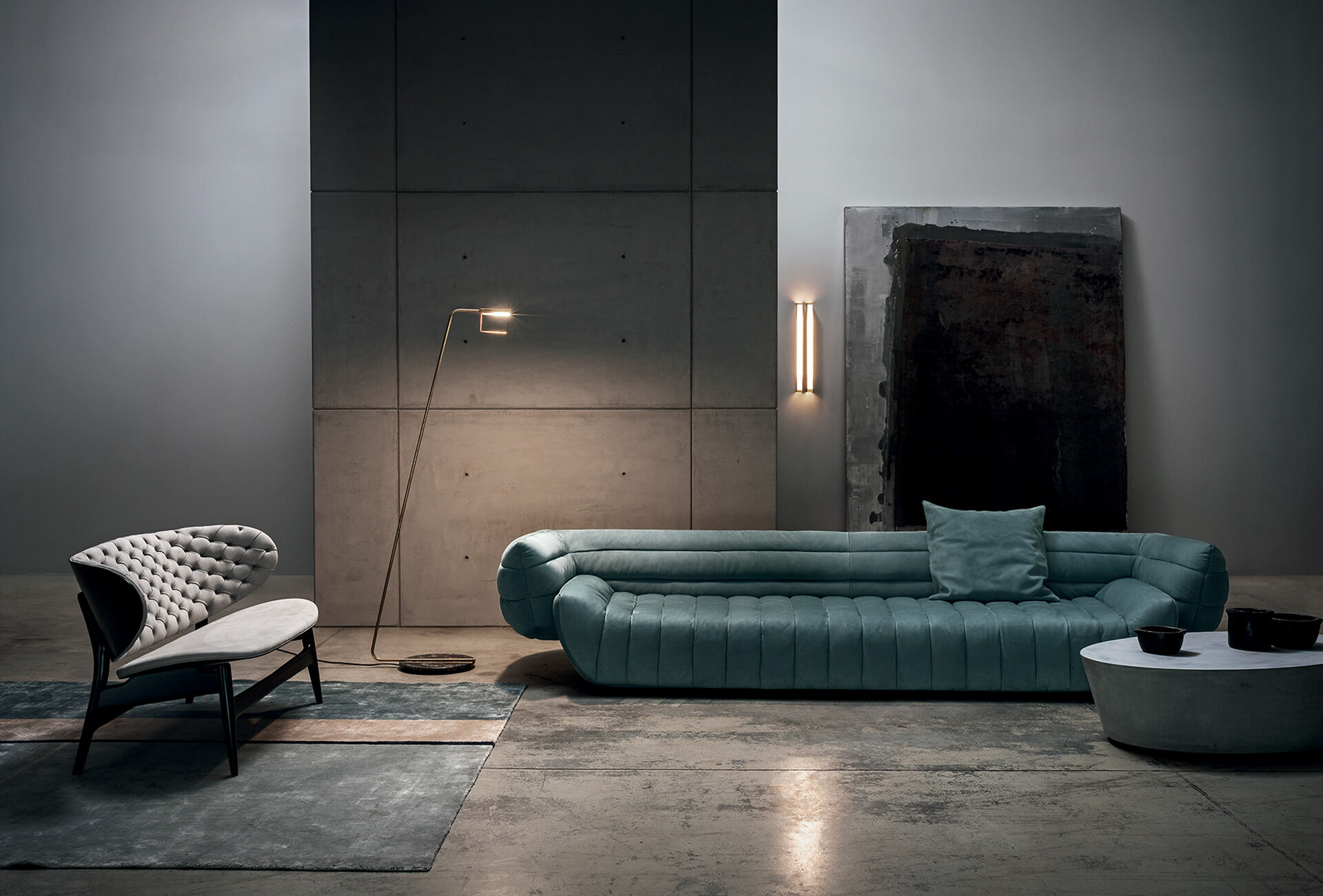 Sculptural Deconstructed Leather Sofa with Floating Elements and Artistic Quilting