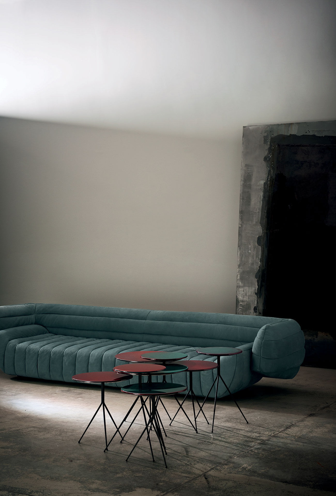 Sculptural Deconstructed Leather Sofa with Floating Elements and Artistic Quilting