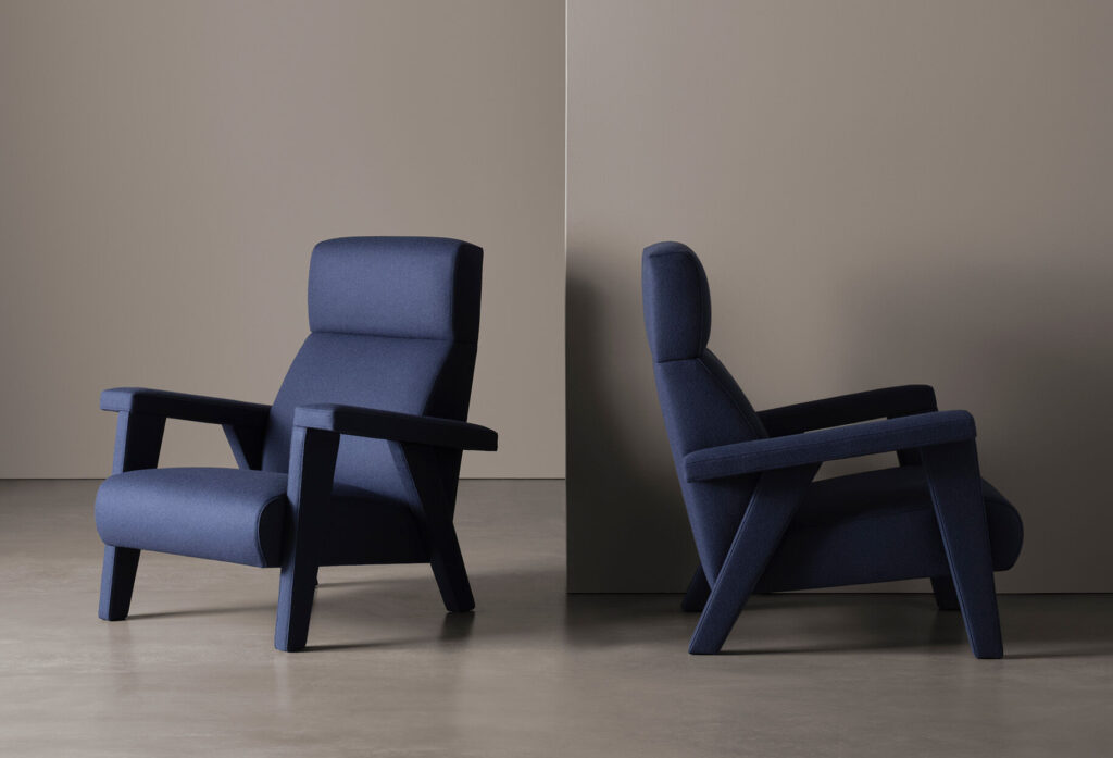 Navy Blue Fabric Accent Chair with High Back & Angled Wooden Legs