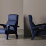 Navy Blue Fabric Accent Chair with High Back & Angled Wooden Legs