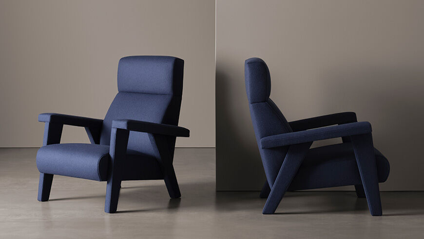 Navy Blue Fabric Accent Chair with High Back & Angled Wooden Legs