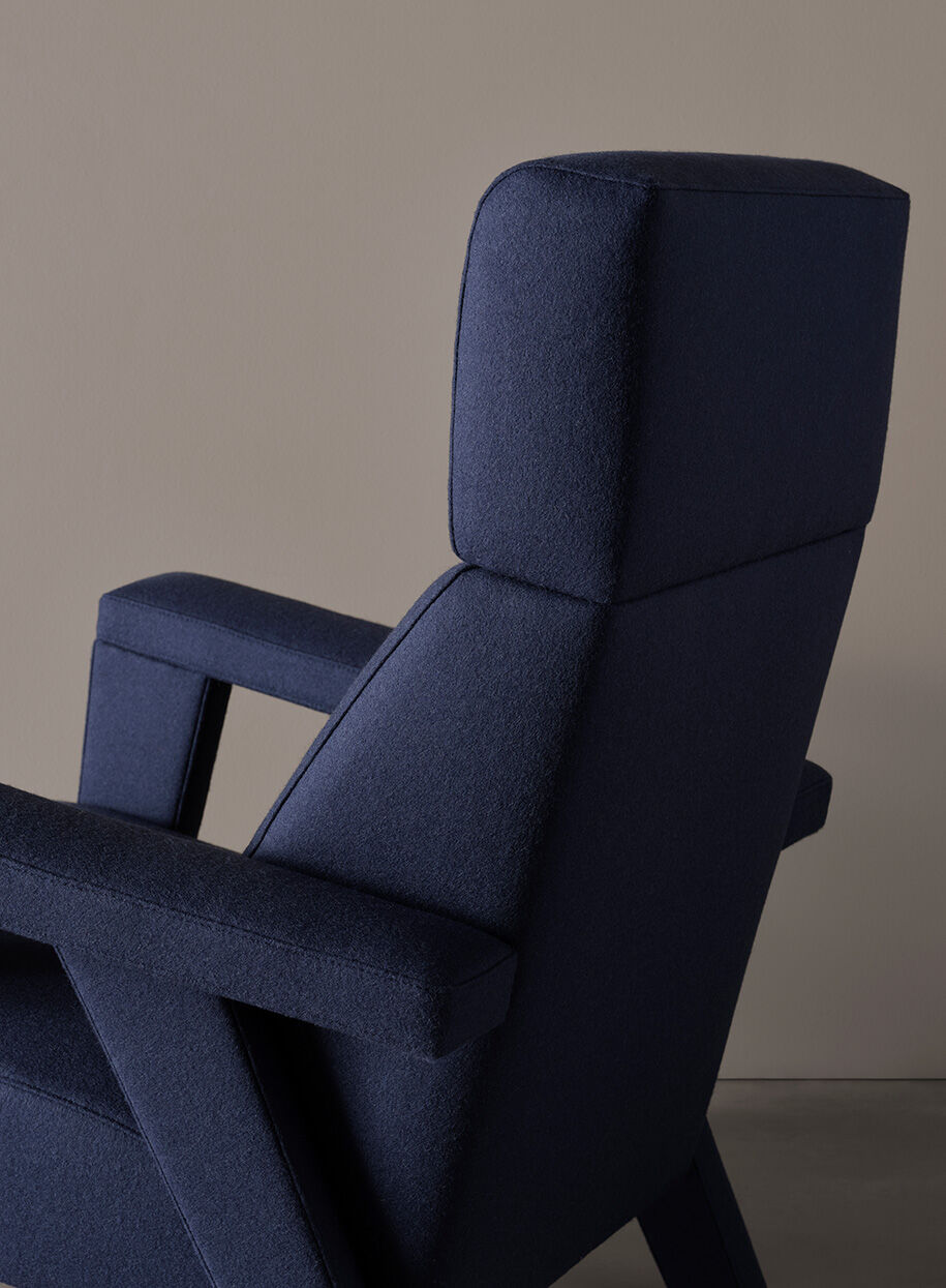 Navy Blue Fabric Accent Chair with High Back & Angled Wooden Legs