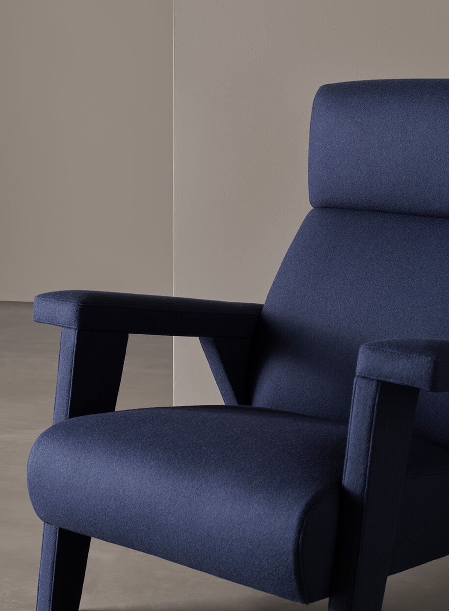 Navy Blue Fabric Accent Chair with High Back & Angled Wooden Legs