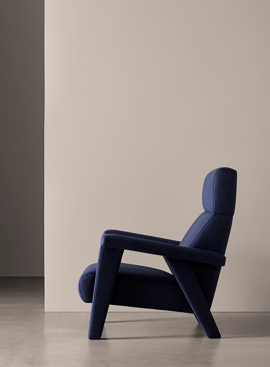 Navy Blue Fabric Accent Chair with High Back & Angled Wooden Legs