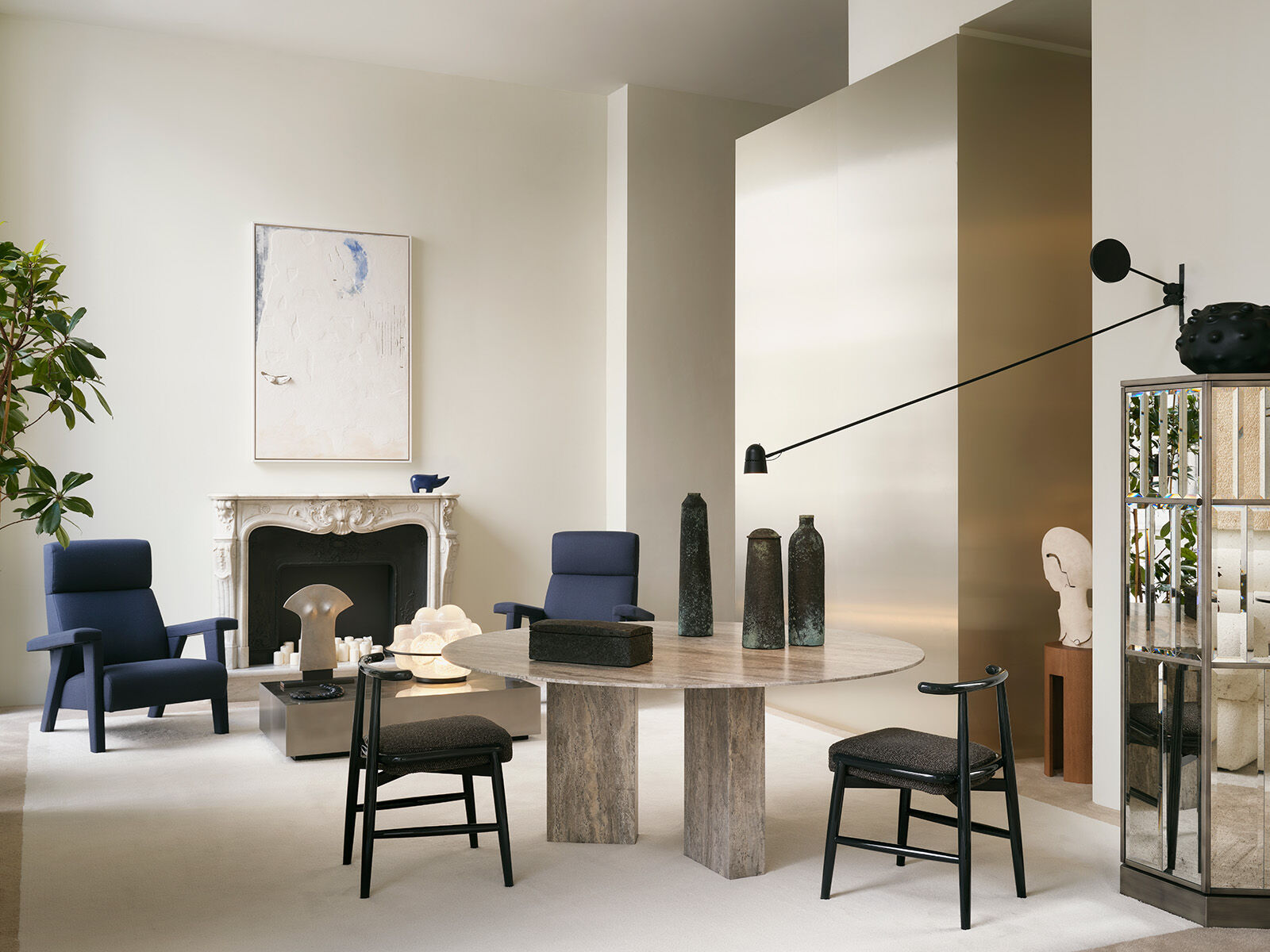 Navy Blue Fabric Accent Chair with High Back & Angled Wooden Legs