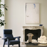 Navy Blue Fabric Accent Chair with High Back & Angled Wooden Legs