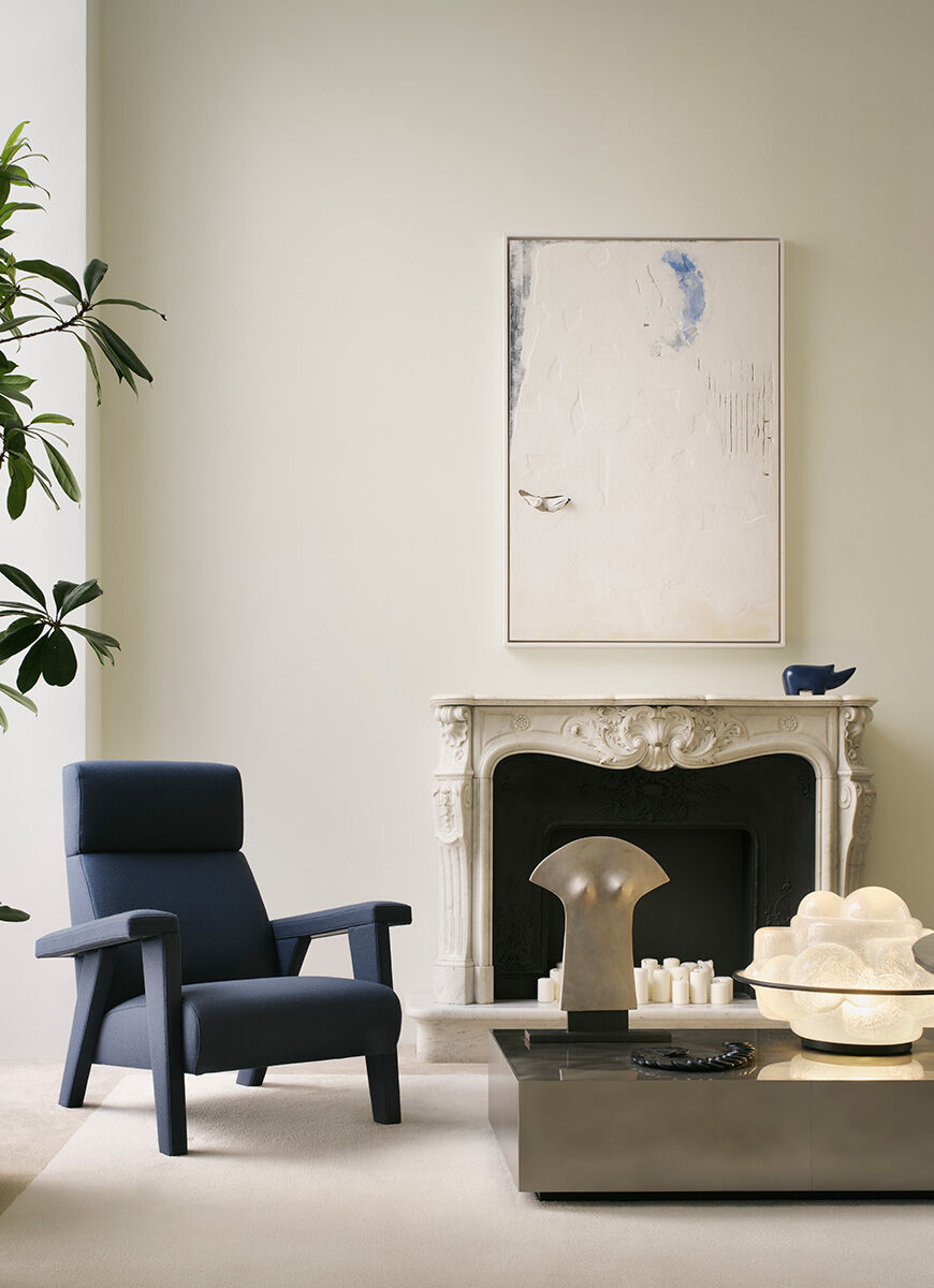 Navy Blue Fabric Accent Chair with High Back & Angled Wooden Legs