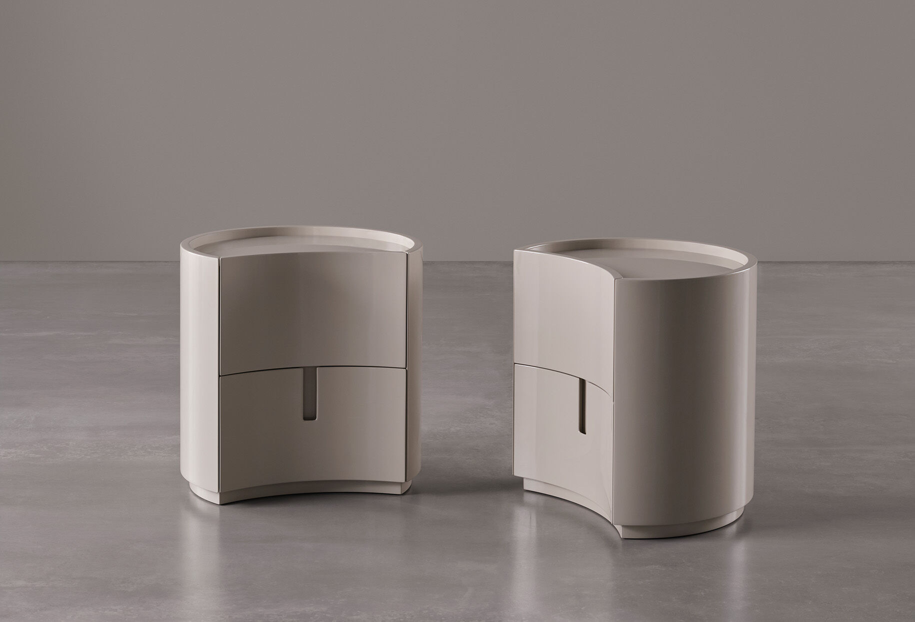 Minimalist Curved Wooden Nightstands Taupe Bedside Storage Cabinets with drawers