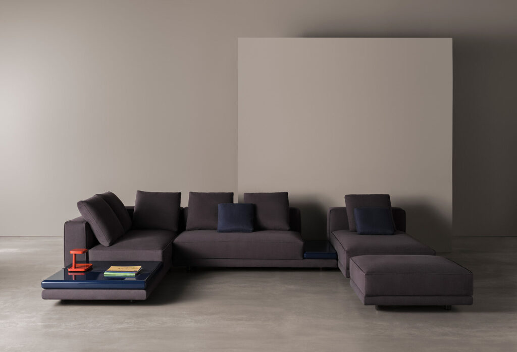 Modular Sofa System Geometric Design Integrated Side Tables Premium Upholstery