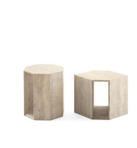 Beige Modern Travertine Hexagonal Side Tables Minimalist Stone Accent Pieces