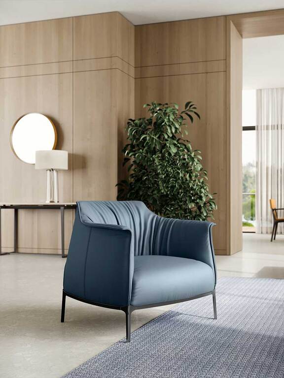 Armchair Upholstered in Brown Leather with Steel Frame in Gunmetal Grey Finish