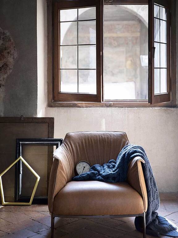 Armchair Upholstered in Brown Leather with Steel Frame in Gunmetal Grey Finish