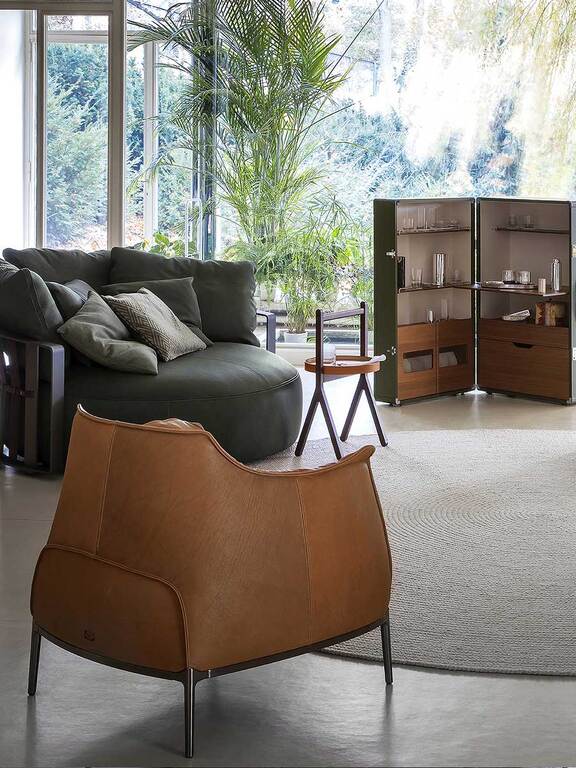 Armchair Upholstered in Brown Leather with Steel Frame in Gunmetal Grey Finish