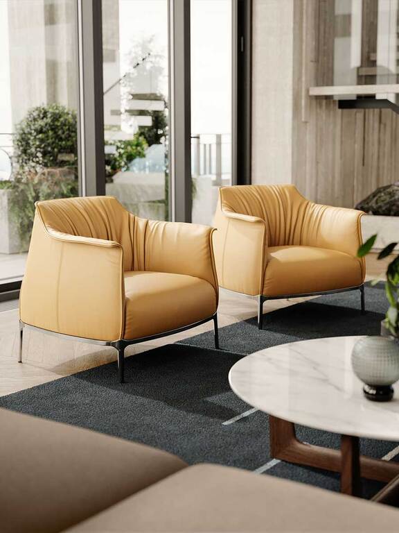 Armchair Upholstered in Brown Leather with Steel Frame in Gunmetal Grey Finish