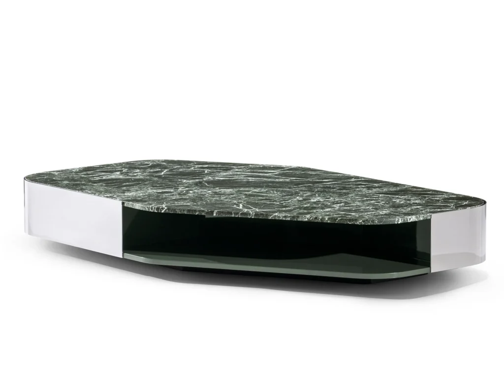 Verde Lepanto marble and stainless steel coffee table with storage space