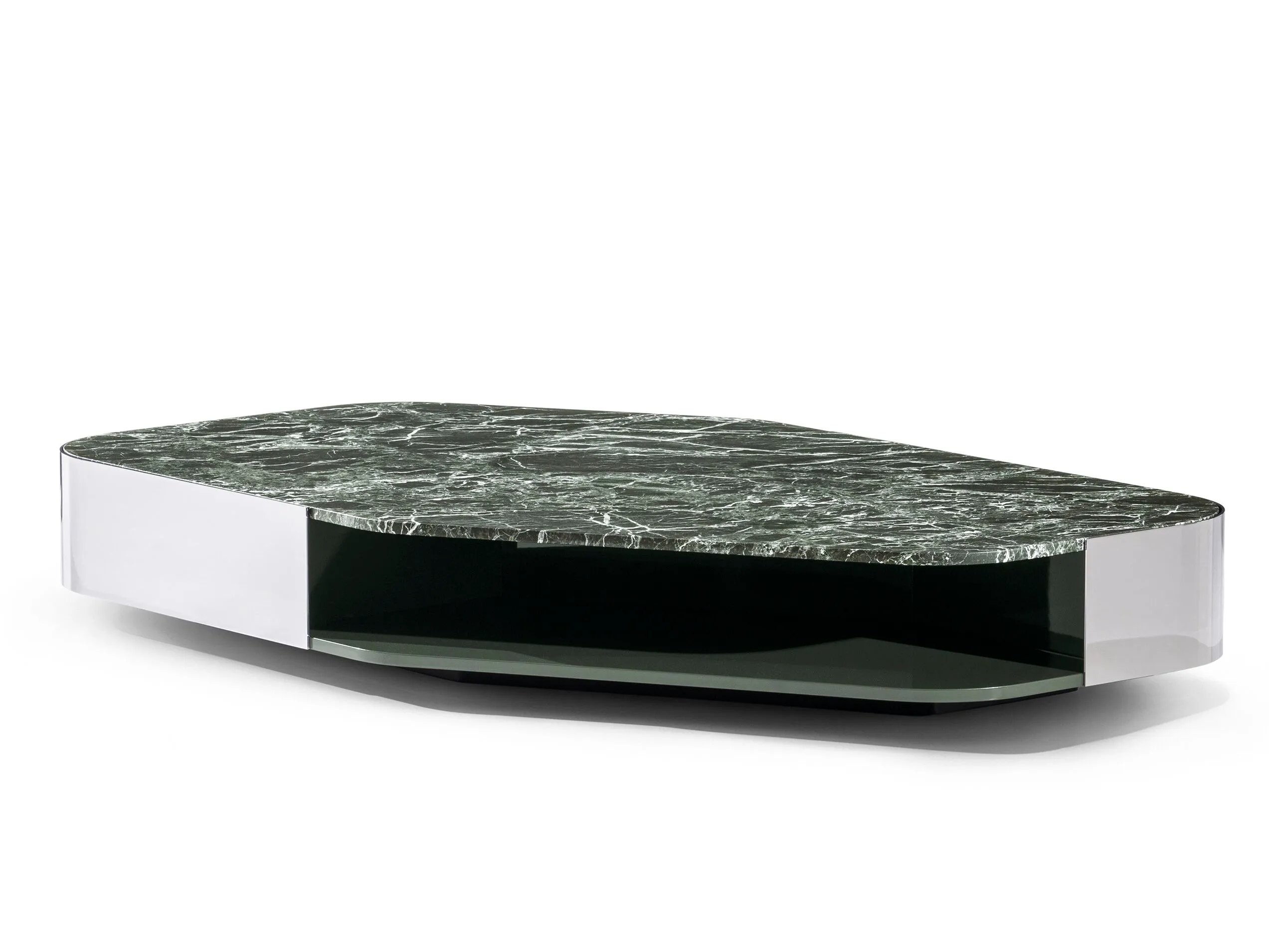 Verde Lepanto marble and stainless steel coffee table with storage space