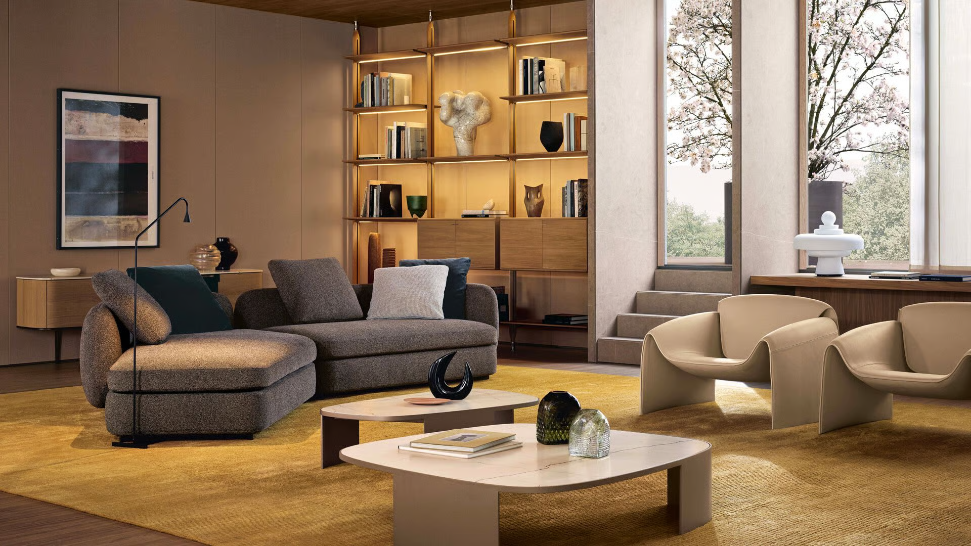 Modern Black Marble Coffee Table Set Asymmetric Metal Base