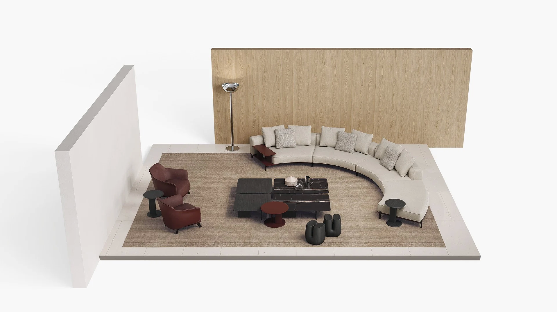 Sculptural Curved Sofa with Leather-Wrapped Base and Contrast Stitch Detailing