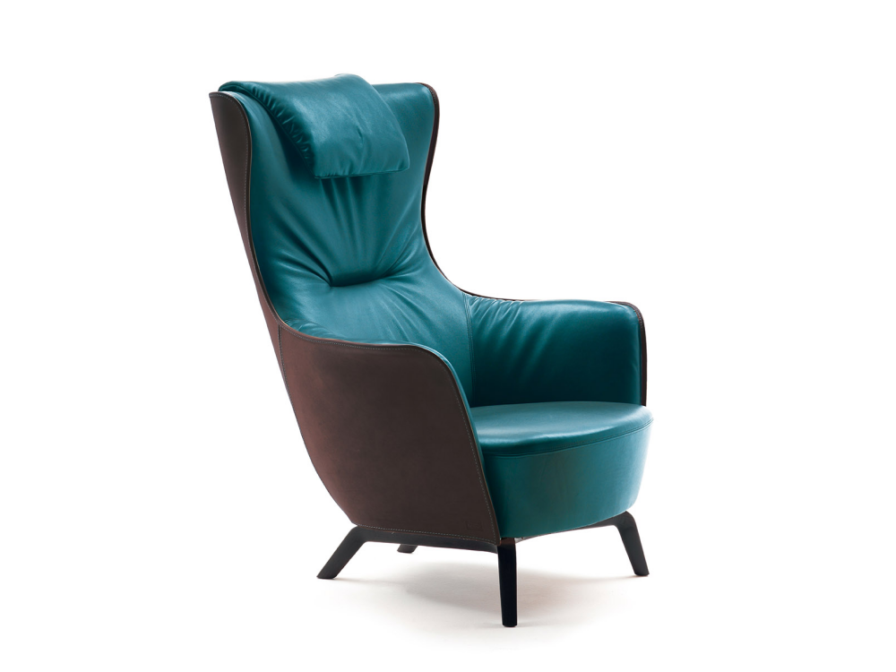Blue Lounge Chair with Solid Wood Base Premium Leather Upholstery and Adjustable Headrest