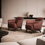 Leather Lounge Brown Armchair with Armrests Wooden Base