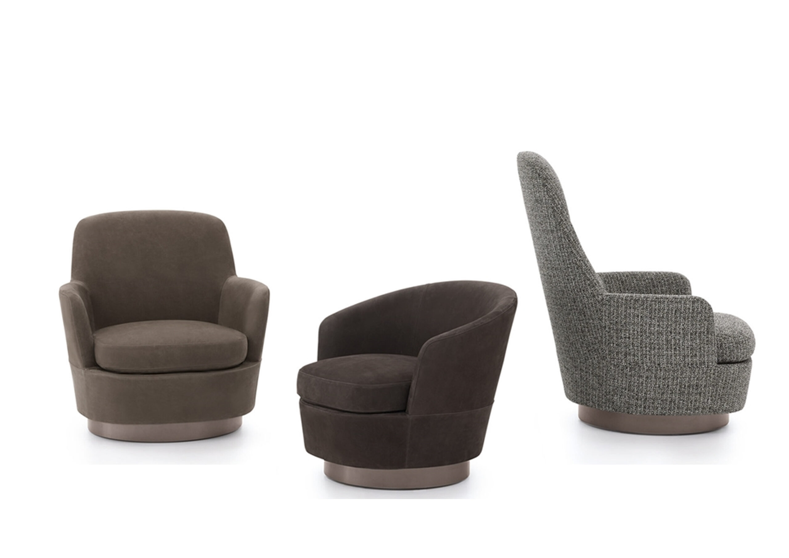 Luxury Swivel Brown Armchair with Goose Down Cushions and Bronze Metal Base