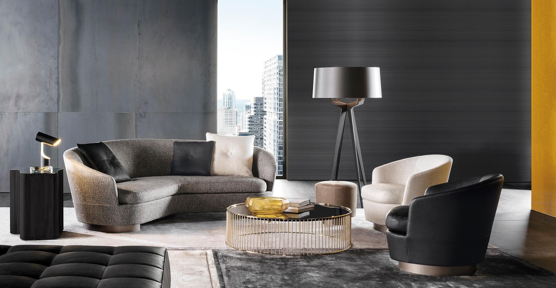 Luxury Swivel Brown Armchair with Goose Down Cushions and Bronze Metal Base