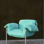 Light Gray Leather Accent Chair with Curved Chrome Metal Frame