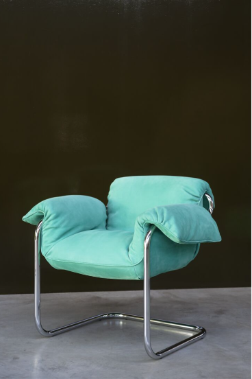 Light Gray Leather Accent Chair with Curved Chrome Metal Frame