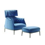 Natural Full Grain Aniline Leather Developing Patina Blue Armchair with footrest
