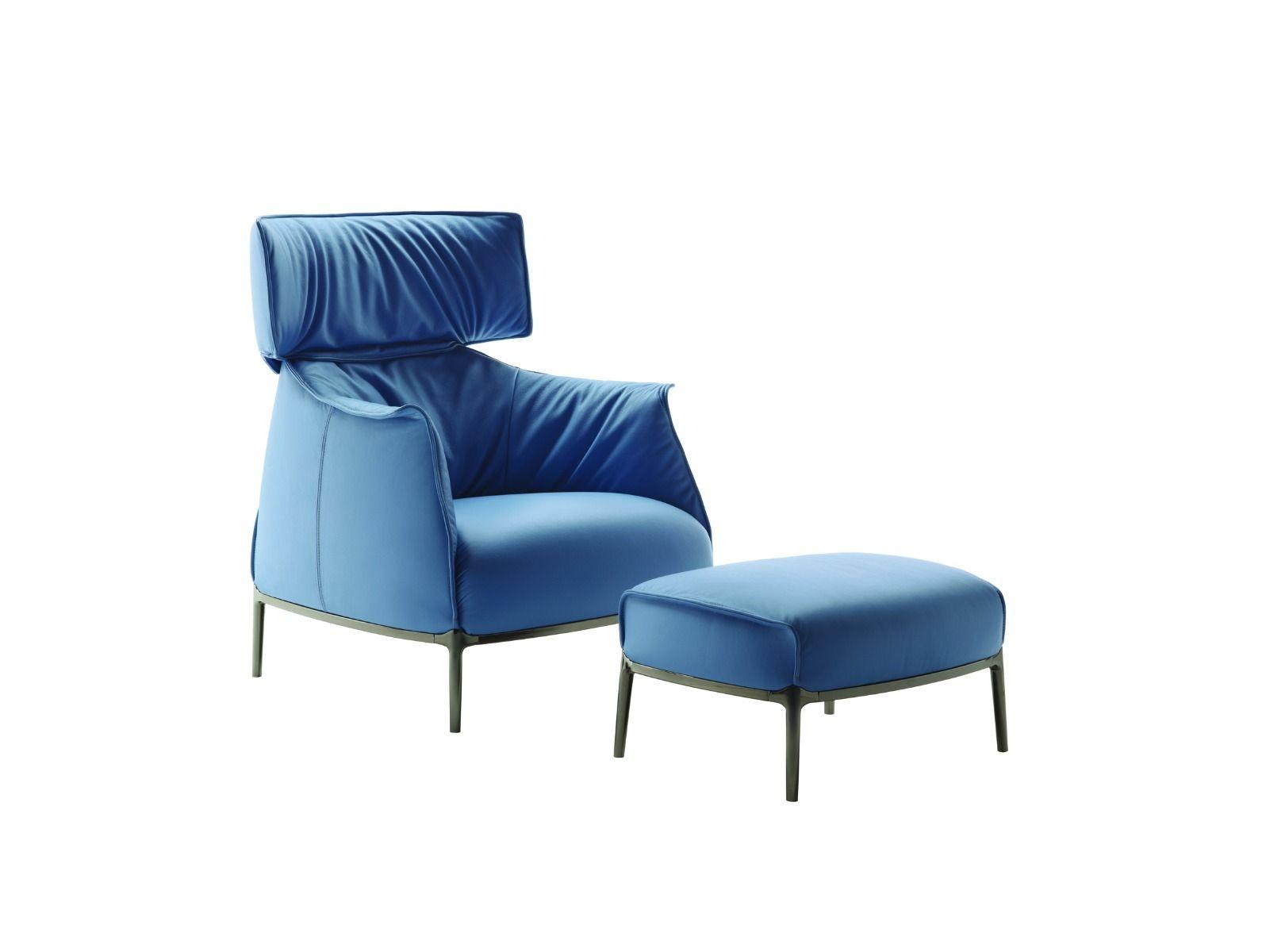 Natural Full Grain Aniline Leather Developing Patina Blue Armchair with footrest