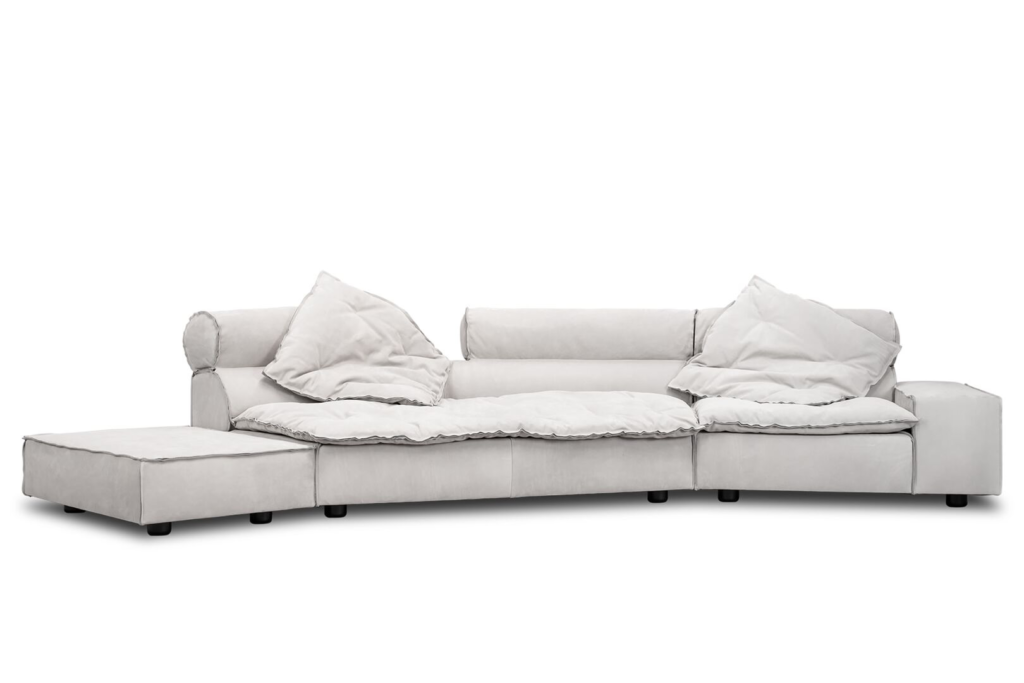 Modular Leather Sofa Goose Down Cushions Raw Edge Stitching Mid Century Design