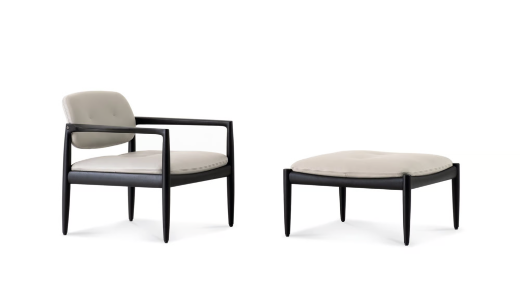 Sculpted Walnut Frame and Plush Channeled Cushioning Armchair with Footrest