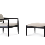 Sculpted Walnut Frame and Plush Channeled Cushioning Armchair with Footrest