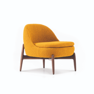 Light Yellow Cotton Upholstered Armchair with Wooden Legs